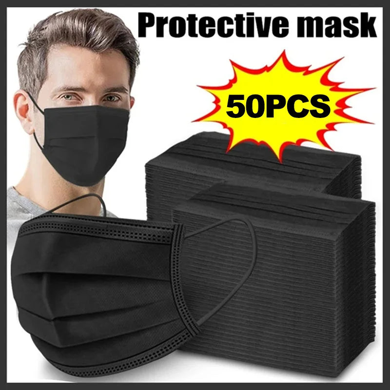 Black Disposable 3-Layer Face Masks – Melt-Blown Earloop