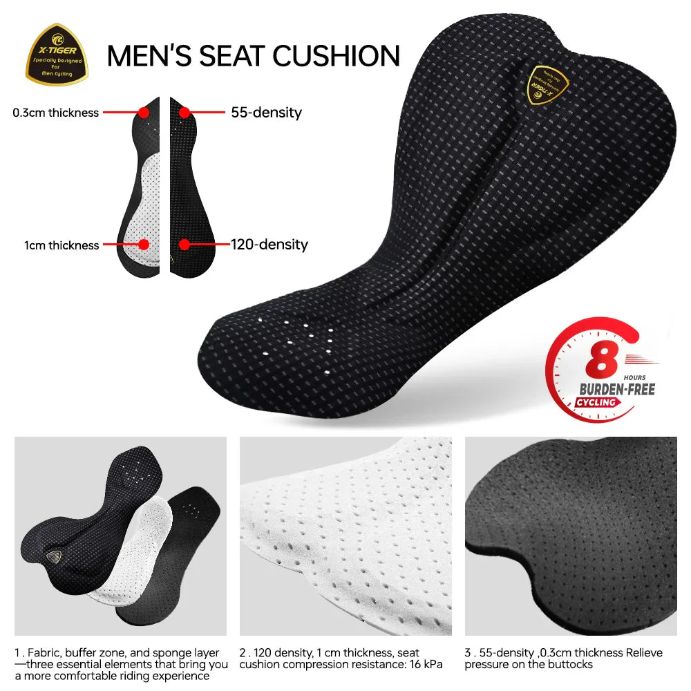 X-TIGER Men's 120-Density Padded Cycling Bib Tights | 8-Hour Ride