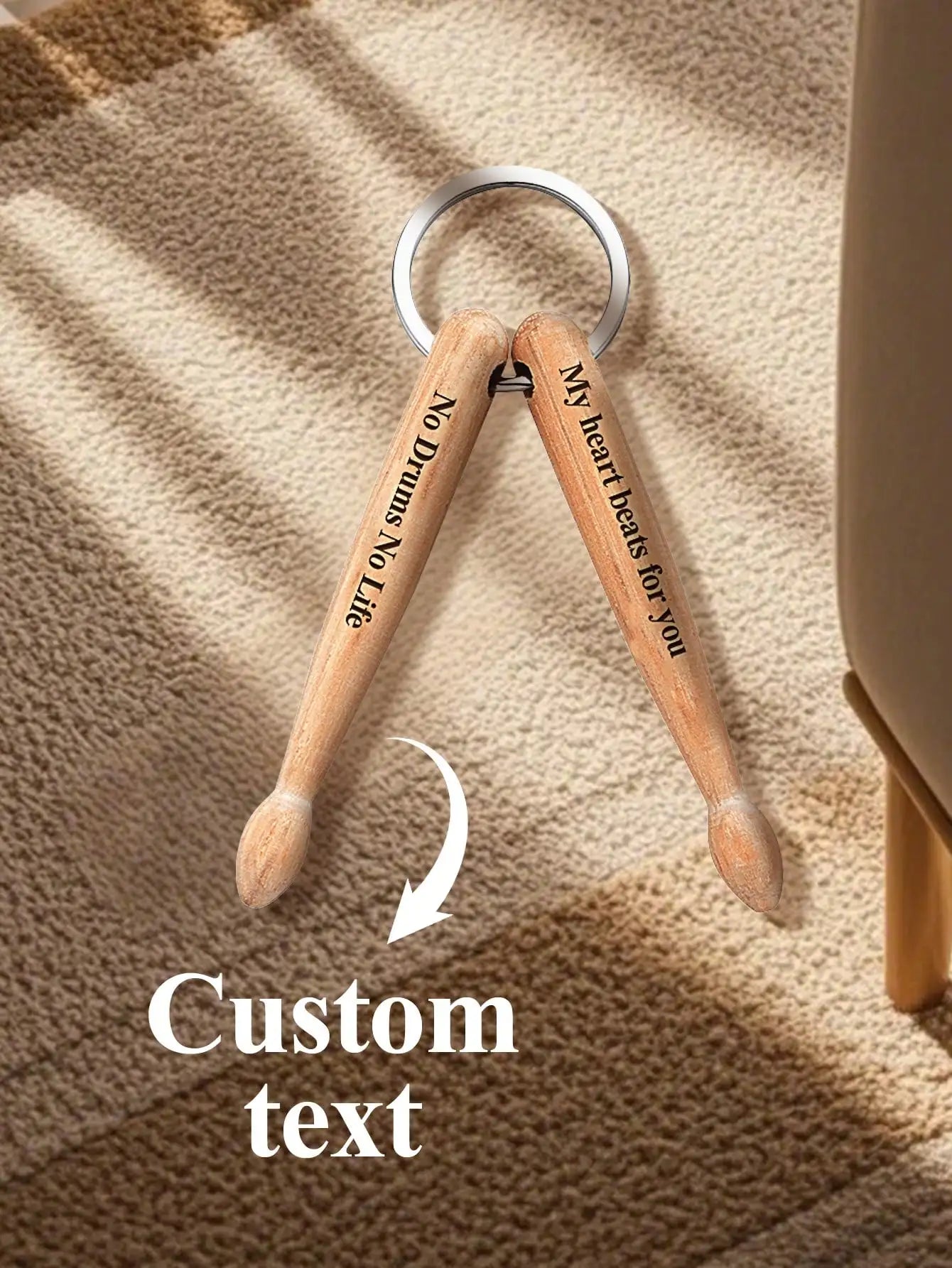 Custom Wooden Drumstick Keychain Personalized Engraved Keyring Gift for Drummers Couples Friends Birthday Anniversary Valentine Peaceful Pleasures Health and Wellness