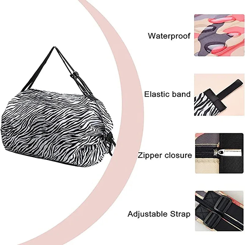 Leopard Print Foldable Shopping Bag Large Capacity Reusable Tote for Supermarket Grocery Travel Portable Shoulder Pouch Peaceful Pleasures Health and Wellness