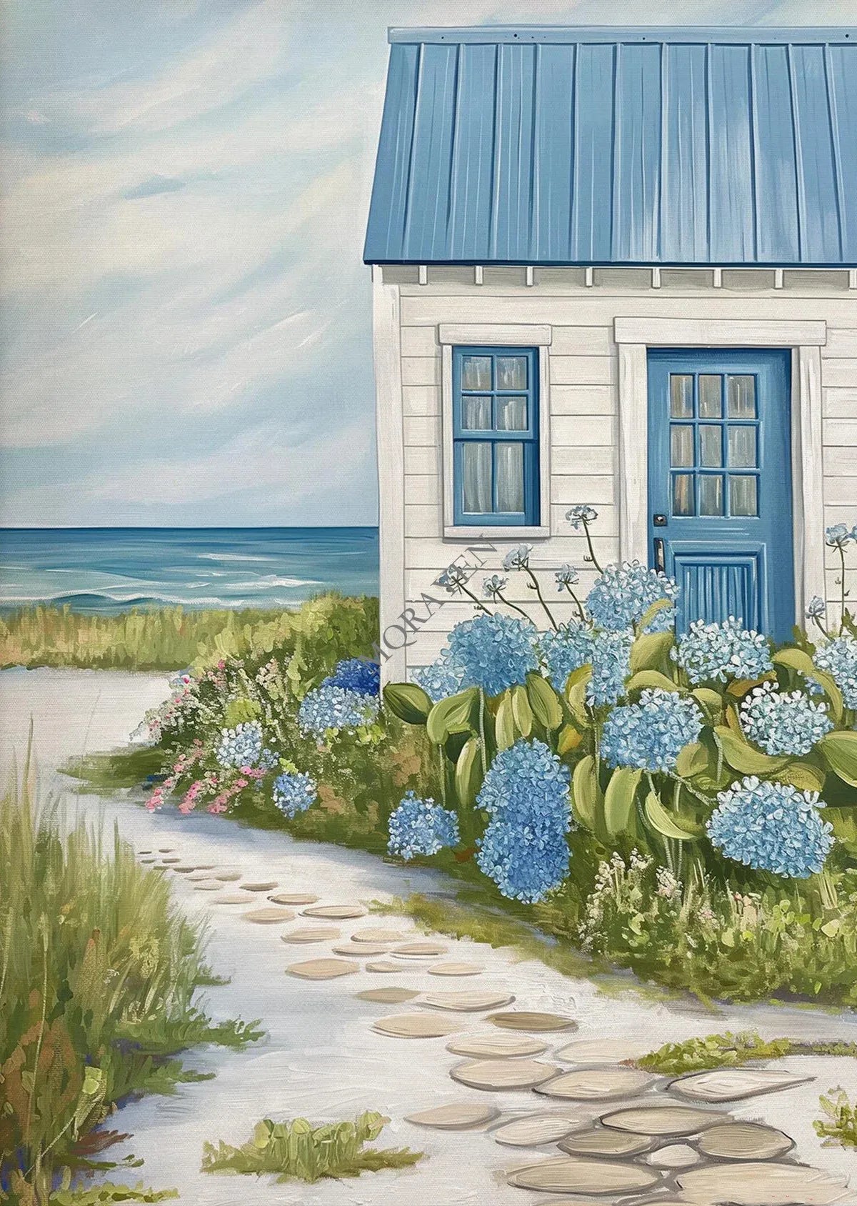 Blue Coastal Canvas Wall Art | Hydrangea Beach Seashell Print
