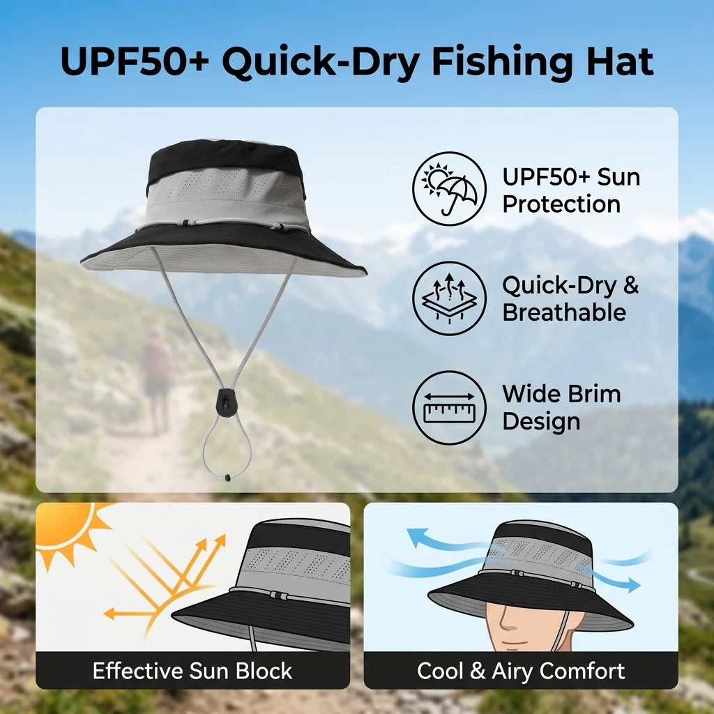 Unisex Quick Dry Fishing Hat UPF50+ Sun-Protection Wide Brim for Outdoor Hiking Camping Peaceful Pleasures Health and Wellness