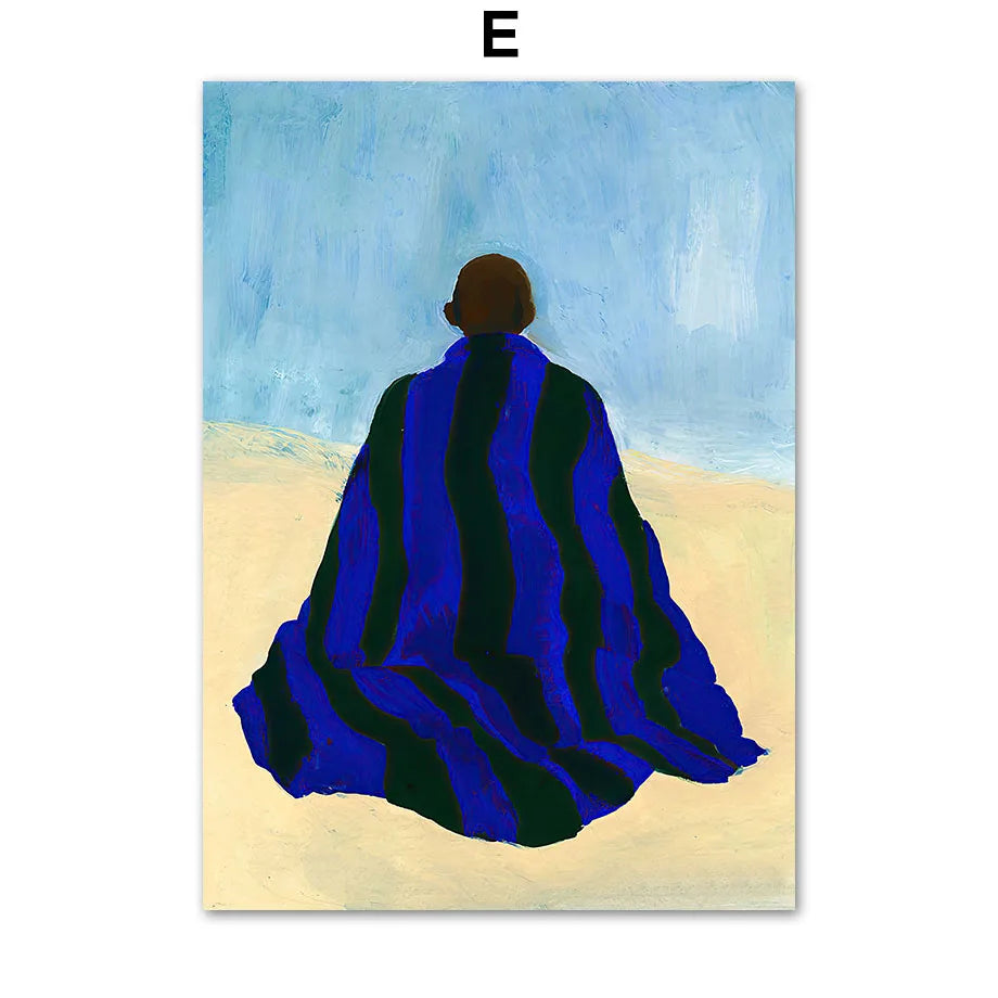 Blue Striped Girl Book Vase Abstract Canvas Wall Art Print