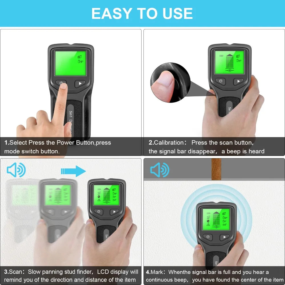 5-in-1 Wall Detector with LCD Display, Digital Handheld Scanner for AC Wire Metal Wood Pipe & Cable Accurate Locator Stud Finder Peaceful Pleasures Health and Wellness
