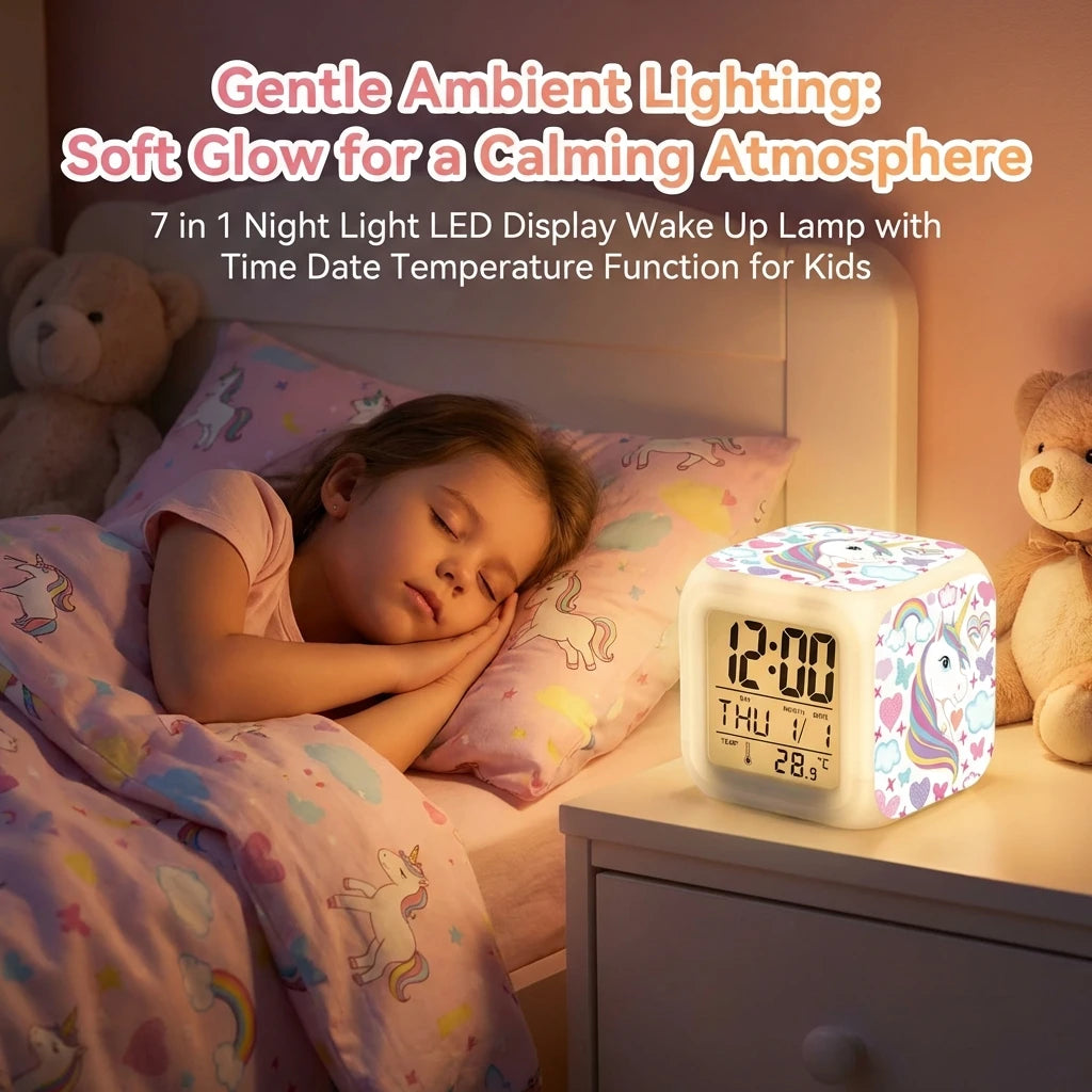 Kids Alarm Clock 7 in 1 LED Night Light with Wake Up Function Display Time Date Temperature USB Powered Color Changing Lamp Peaceful Pleasures Health and Wellness