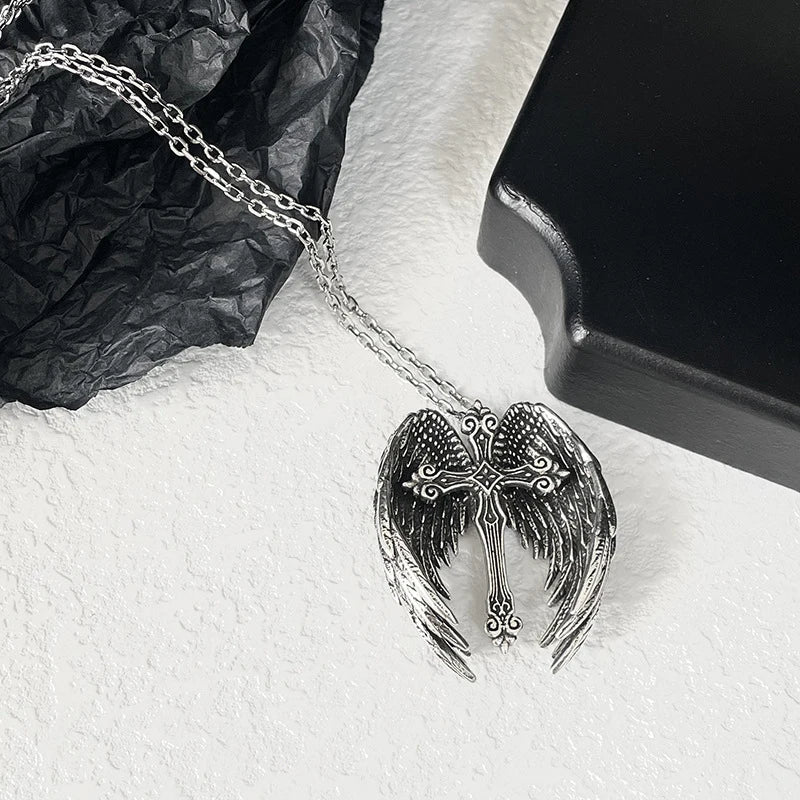 Angel Wings Cross Pendant Necklace | Unisex Gothic Punk Jewelry