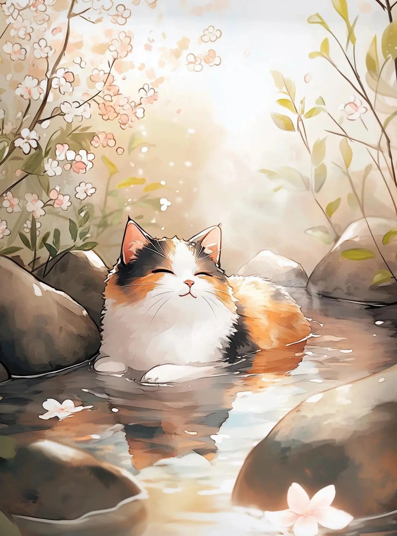 Japanese Cherry Blossom Cat Hot Spring Canvas Wall Art Print Canvas Wall Art Print Peaceful Pleasures Health and Wellness 17 50x70cm Unframed