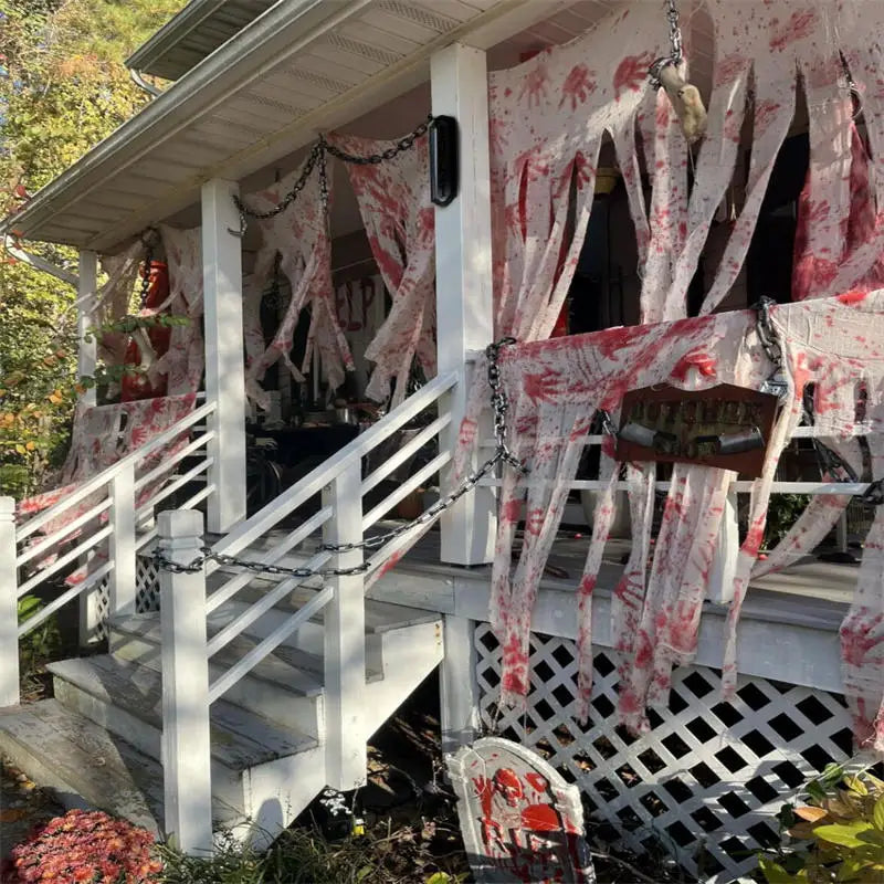 Halloween Bloody Handprints Door Curtain Scary Blood Stained Gauze Fabric Strip Horror Themed Party Props DIY Household Decor Peaceful Pleasures Health and Wellness