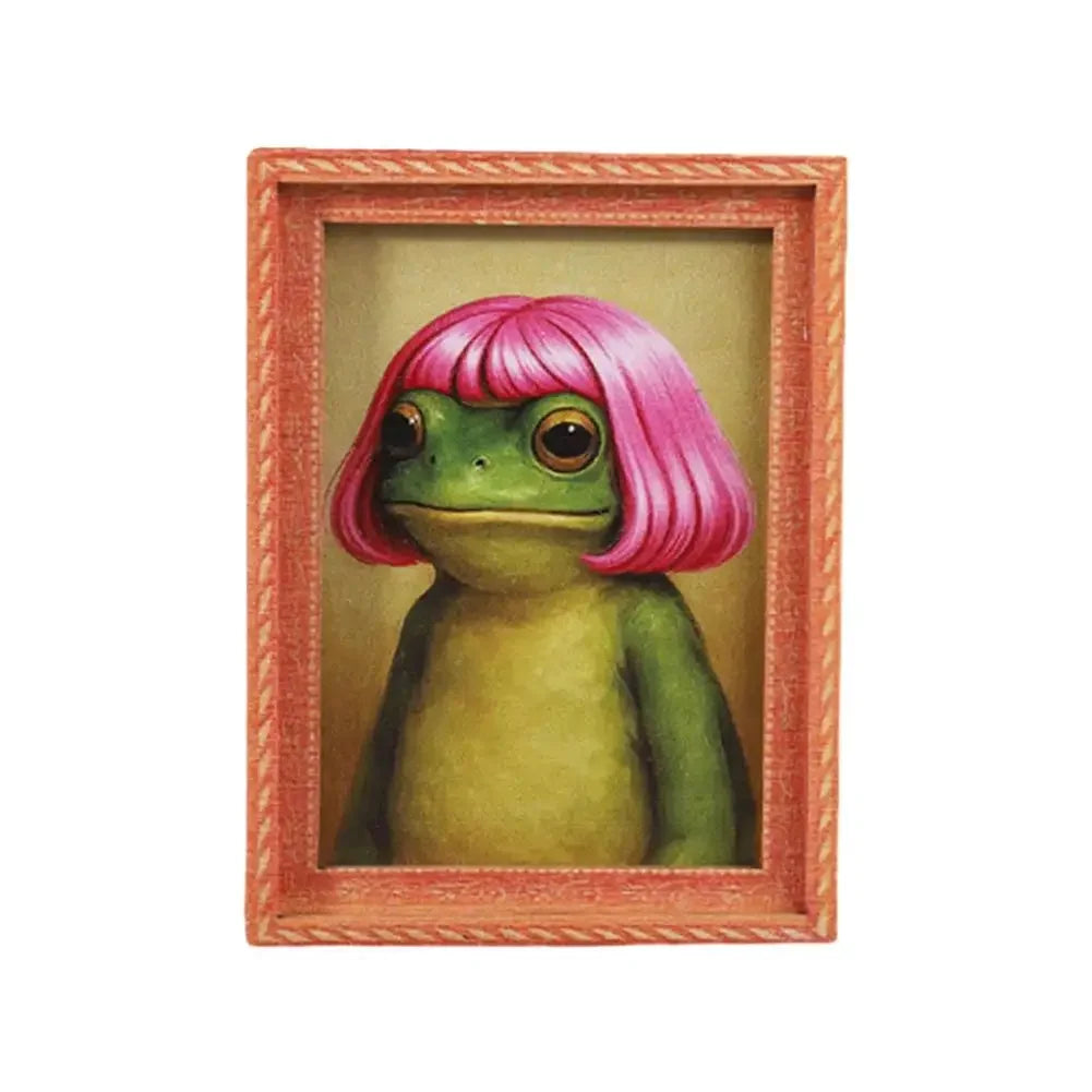 1pc Mini Wooden Photo Frame Frog Fridge Magnet Funny Green Frog & Haircut Design Creative Refrigerator Decor for Home Office Peaceful Pleasures Health and Wellness 03