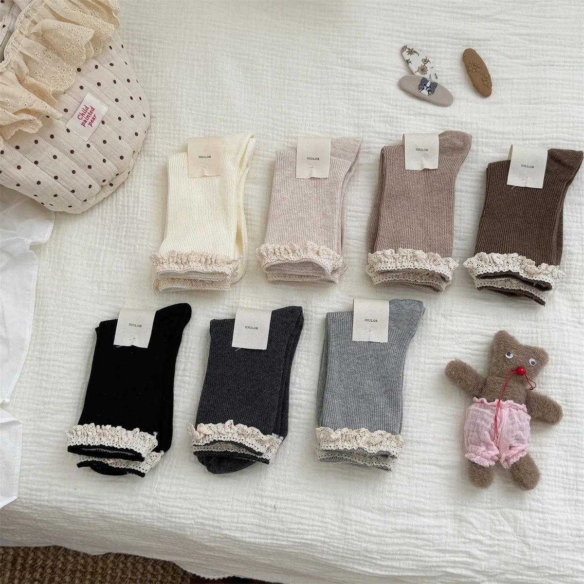 Korean Style Socks Sweet Lace Mid Calf Socks Ballet Style Girls Double Needle Slouch Socks for Women Daily Casual Fashion Wear Peaceful Pleasures Health and Wellness