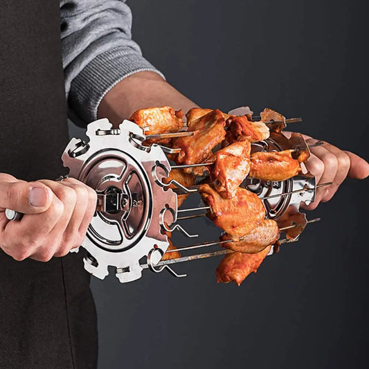 A36T-BBQ Steel Metal Roaster Rotisserie Skewers Needle Cage Oven Kebab Maker Grill Peaceful Pleasures Health and Wellness silver