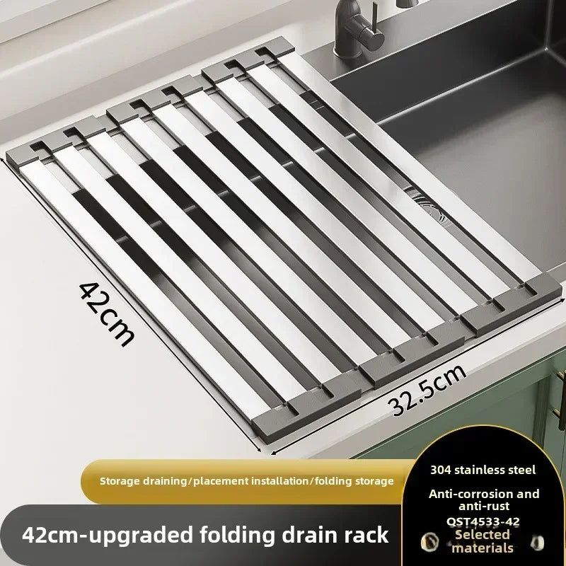Foldable Over-Sink Drying Rack – 304 Stainless Steel & Silicone Roll-Up Dish, Fruit & Vegetable Drainer