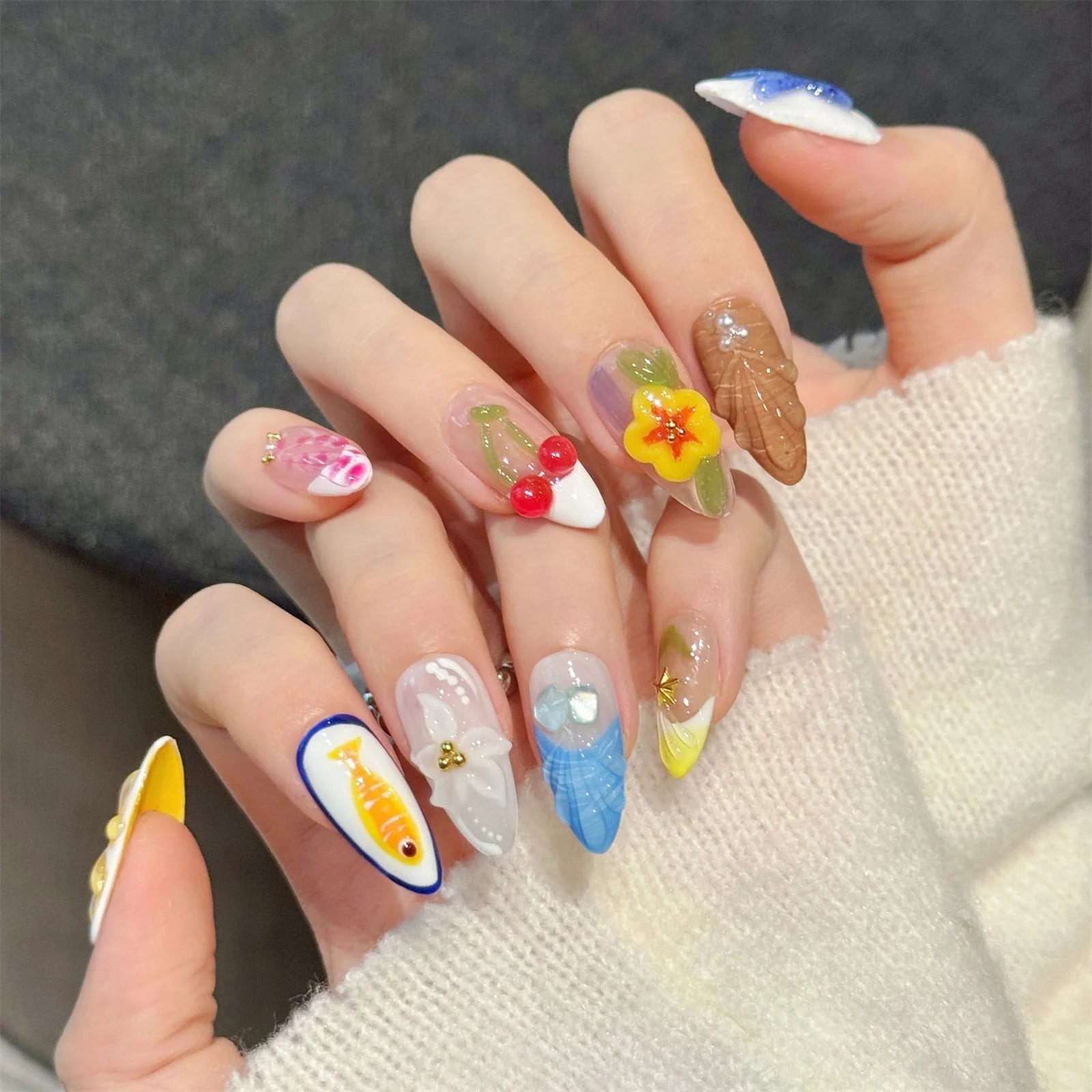 10pcs Handmade Press on Nails Island Flower Decor Glitter Fake Nails Wearable 3D Hand-Carved French False Nail Tips Almond Shape Peaceful Pleasures Health and Wellness