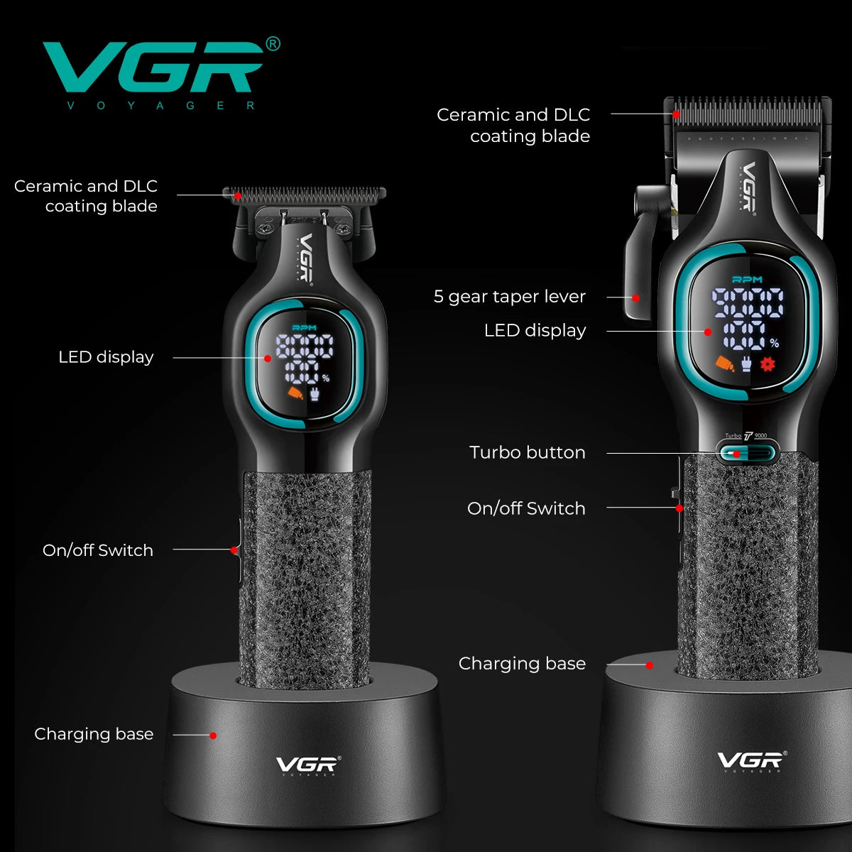 VGR high-end hair trimmer two-piece set metal body 9000 RPM hair clipper alloy blade head oil head carving push shear V-886 S2 Peaceful Pleasures Health and Wellness