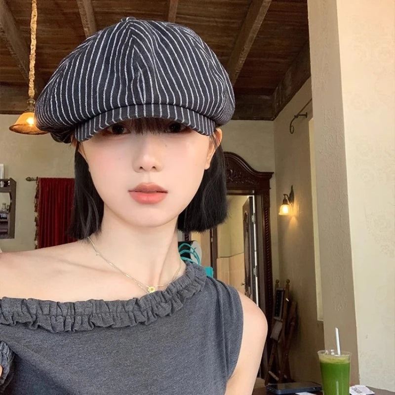 Women's Summer Striped Cotton-Linen Beret – Breathable Hat