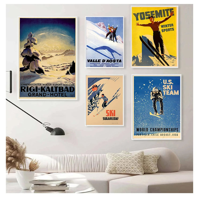 Retro Skiing Alps Switzerland Canvas Wall Art | Vintage Ski Poster
