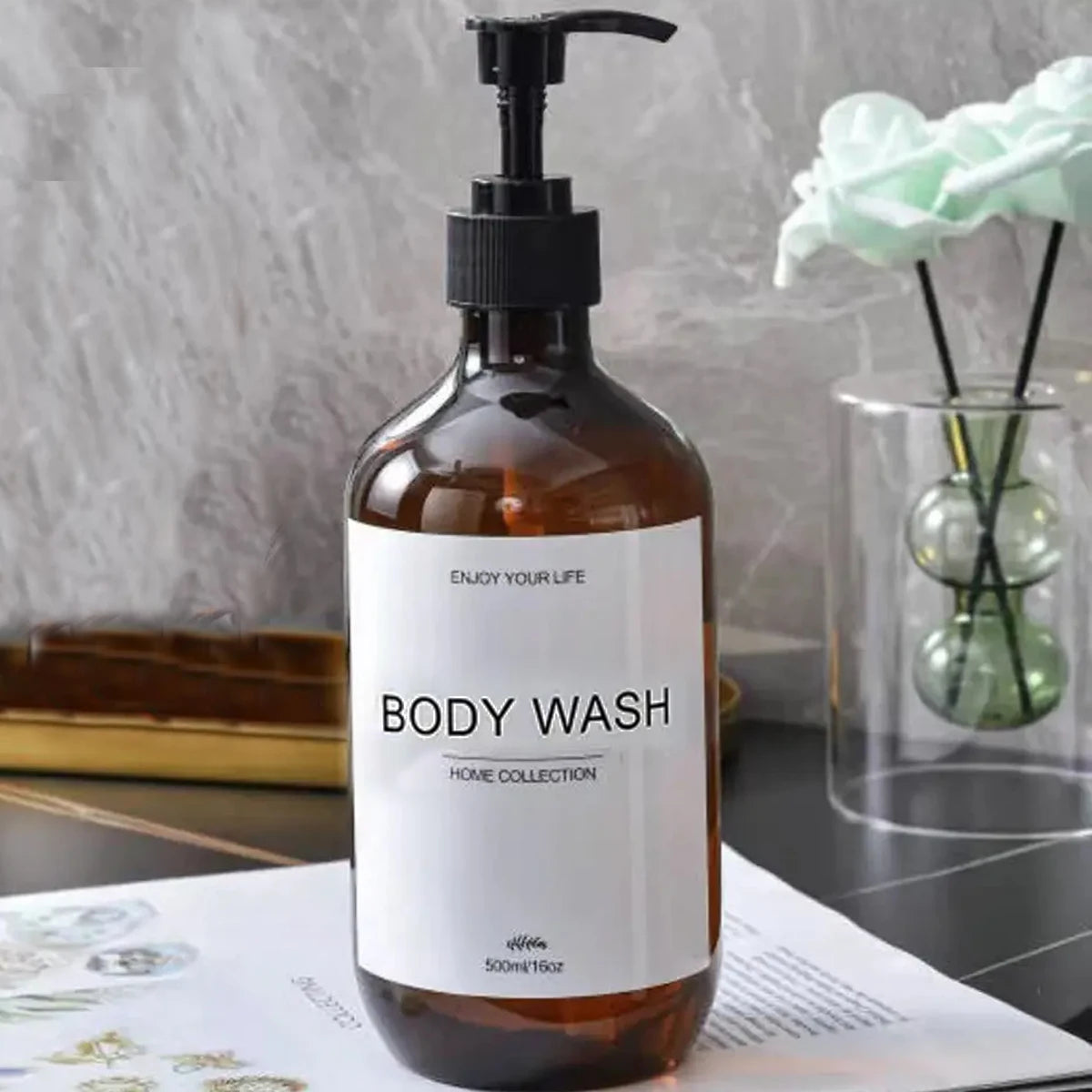 Bathroom Shampoo Dispenser Set 500ml Conditioner Body Wash Bottles Refillable Dispenser Farmhouse Decoration Storage Bottles Peaceful Pleasures Health and Wellness Brown-B 1