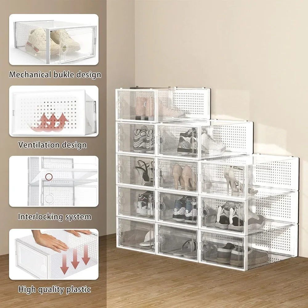 12-Pack Transparent Plastic Stackable Shoe Storage Boxes for Closet Linked Design Sports Shoe Organizers Foldable Shoe Racks Peaceful Pleasures Health and Wellness