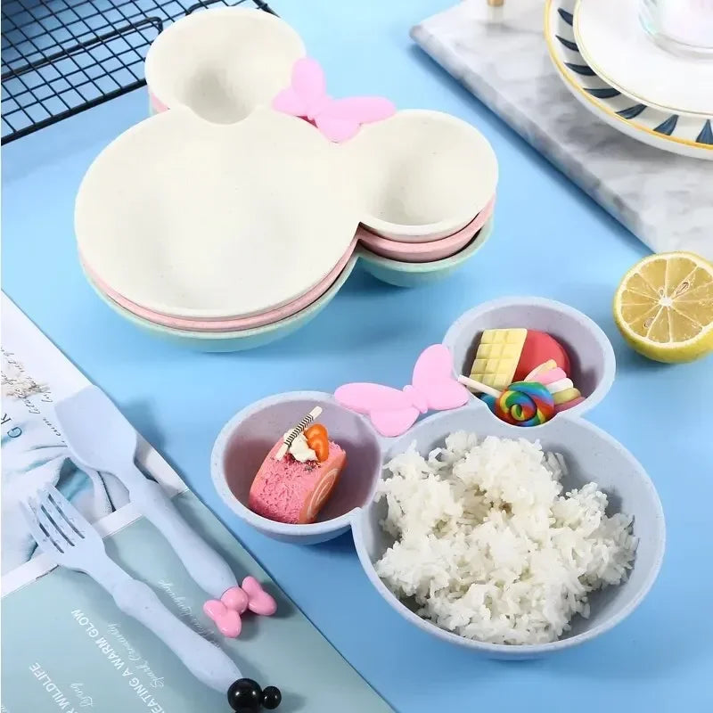 3Pcs Set Lovely Mickey Cartoon Baby Tableware Set Wheat Straw Kids Anti Drop Dinner Plate Bowl Spoon Fork for Baby Girl and Boy Peaceful Pleasures Health and Wellness