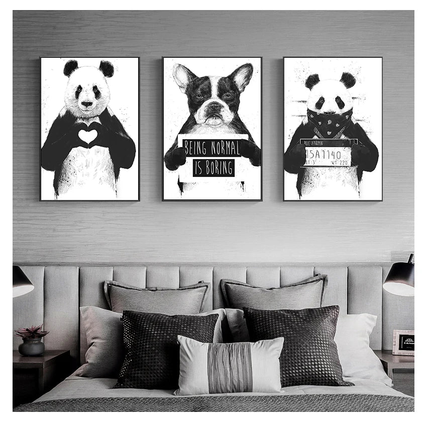 Nordic Cartoon Panda & Boston Terrier Canvas Wall Art Poster