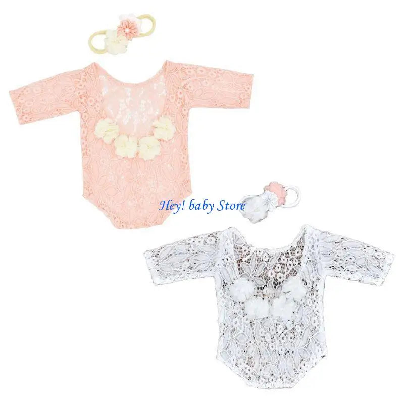 Baby Girl Lace Romper & Flower Pearl Headband Photography Set