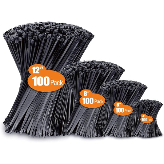 400 Pack Assorted Black Zip Ties 4" 6" 8" 12" UV Resistant Nylon Cable Ties Peaceful Pleasures Health and Wellness