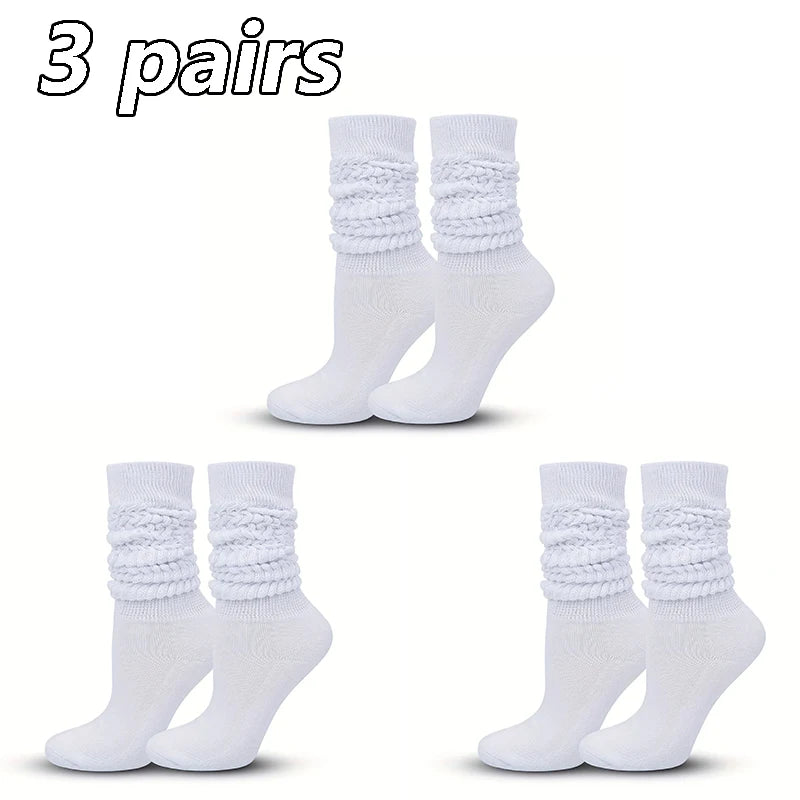 3 Pairs Women Pile Up Socks Fashionable Trendy Versatile White Solid Color Basic Socks Comfortable Breathable Mid Length Socks Peaceful Pleasures Health and Wellness 3 white