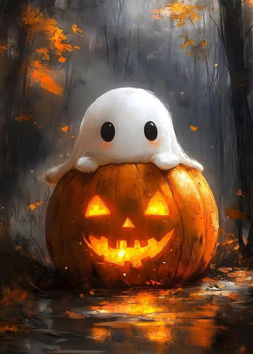 Halloween Ghost & Pumpkin Canvas Wall Art | Dark Academia Poster Canvas Wall Art Peaceful Pleasures Health and Wellness ZLH5352 40x50cm No Frame