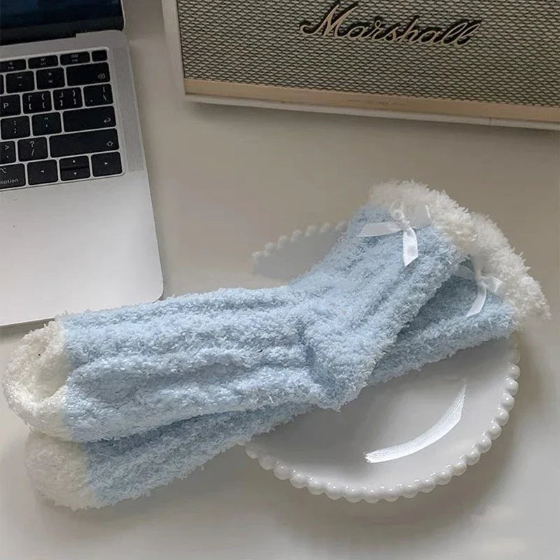 Women's Thickened Mid Calf Socks Autumn Winter Warm Solid Color Fried Dough Twists Coral Fleece Sleep Home Socks Maternity Socks Peaceful Pleasures Health and Wellness 1pair blue One Size