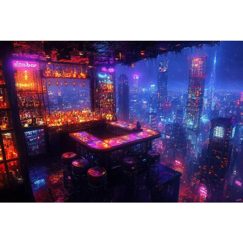 1pc frameless Cyberpunk Night City Landscape Poster Future Neon Lights Bar Design Canvas Wall Art for Living Room Home Decor Peaceful Pleasures Health and Wellness
