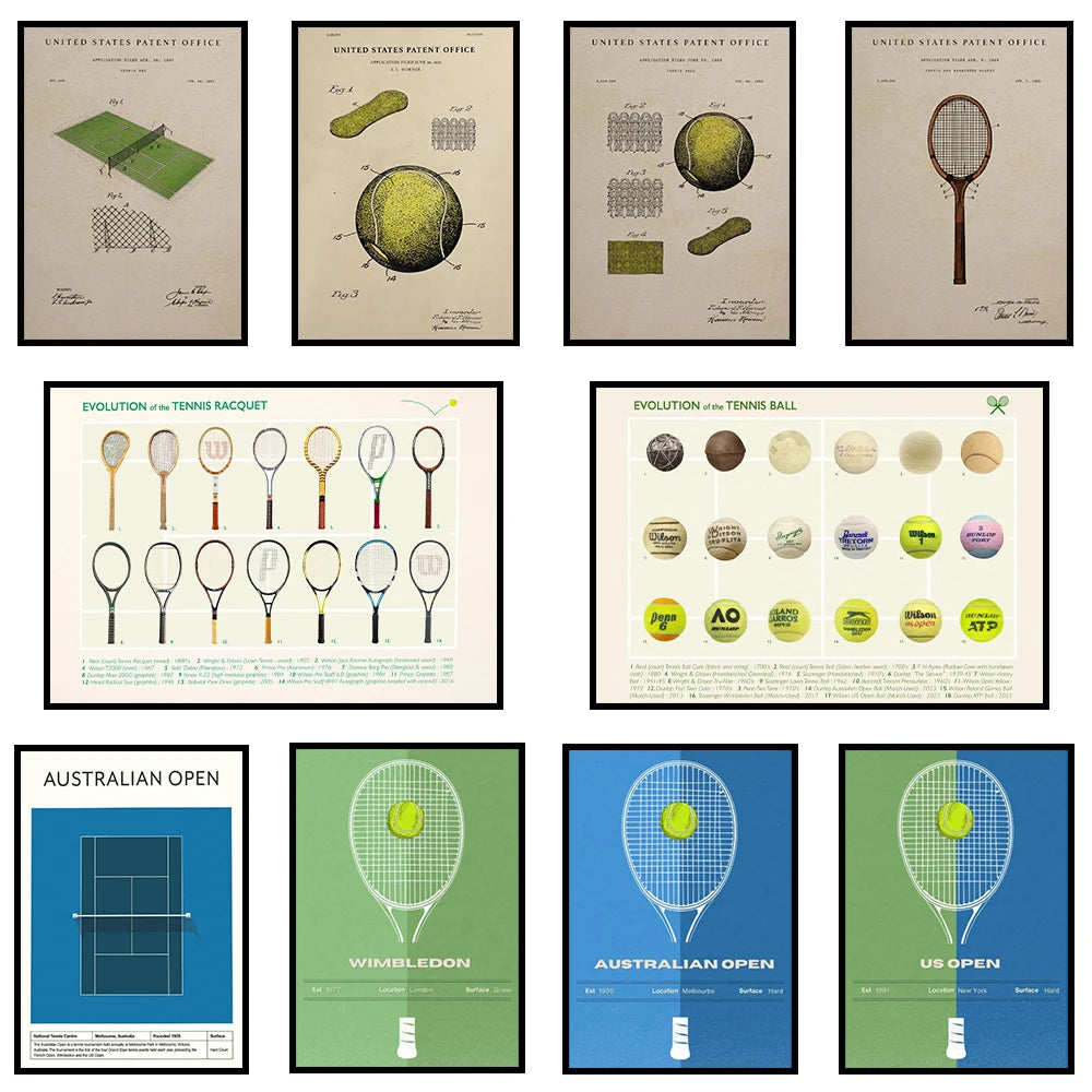 Tennis Evolution Wall Art Poster Aussie Open Canvas Art Prints US Open Wall Decor Picture Wimbledon Tennis Canvas Painting Peaceful Pleasures Health and Wellness