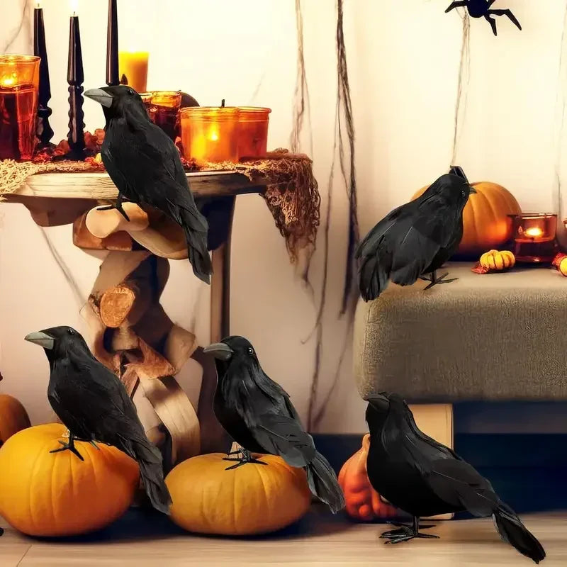 Realistic Black Crow Halloween Decoration – Flocked Feather Prop