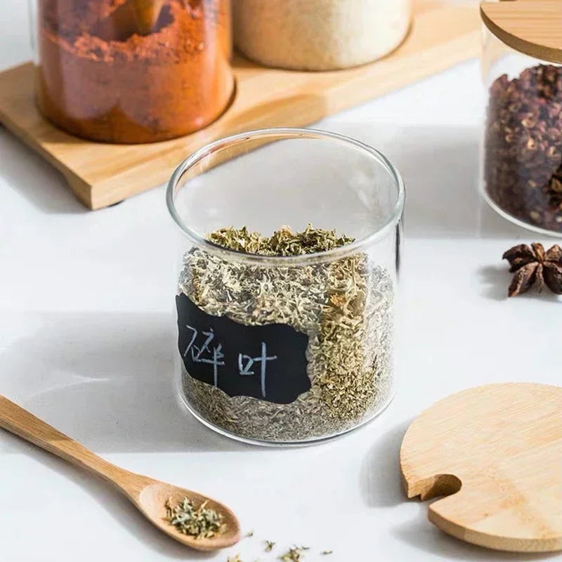 Kitchen Glass Condiment Jars Set Clear Spice Salt Container with Tray Coffee Beans Organizer Bottle Dust-Proof Seasoning Bottle Peaceful Pleasures Health and Wellness