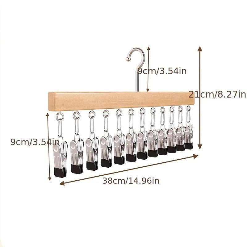 12-Clip Wooden Hat Organizer | Closet Hanger for Caps & Towels