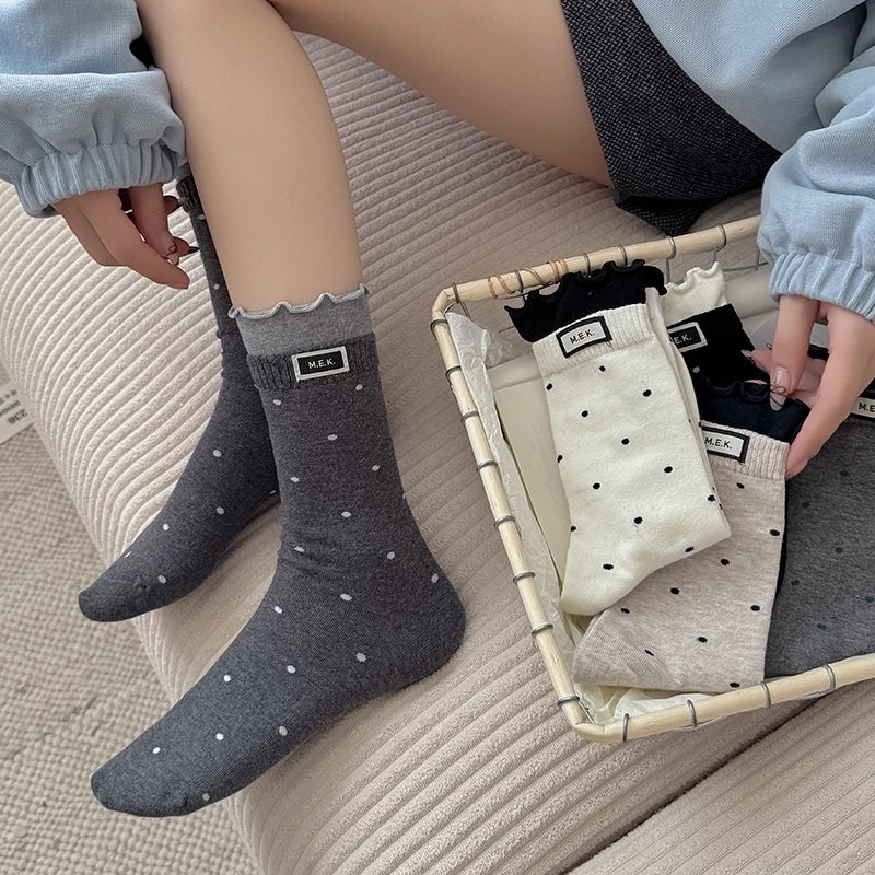 Socks For Women New Dots Cute Frilly Casual Fashion Long Socks Breathable Preppy Style Ladies Novelties Socks Cotton Soft Comfy Peaceful Pleasures Health and Wellness