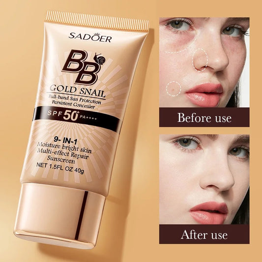 SADOER Gold Snail Sunscreen BB Cream Foundation Concealer Moisturizing Isolation Cream SPF50+PA+++ 40g Peaceful Pleasures Health and Wellness