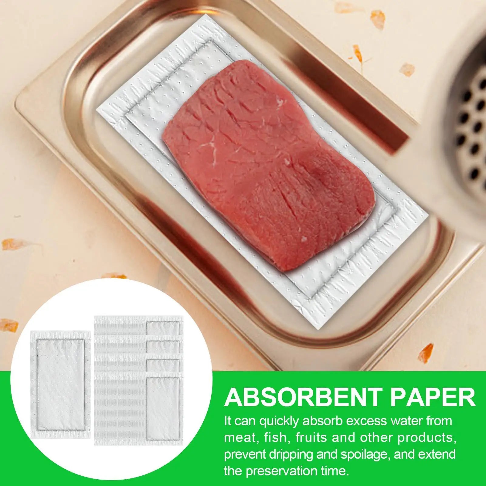 100PCS Food Safe Absorbent Pads, Hygienic Dri-Lock Sheets for Meat, Fish, Produce Packaging in Kitchen, Shop & Refrigerator Peaceful Pleasures Health and Wellness