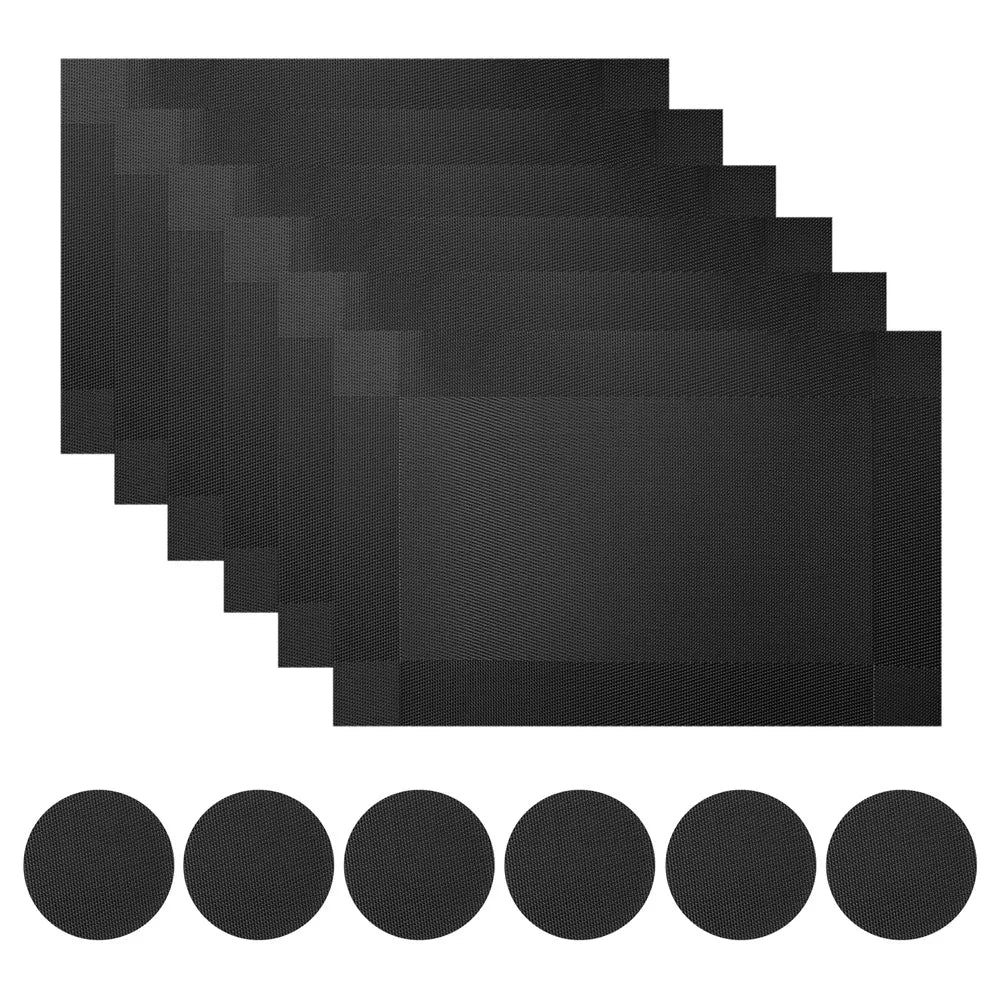 Set of 6 Placemats With Coasters Black Table Mats Crossweave Woven Vinyl Non-Slip Washable for Table Dining Kitchen Restaurant Peaceful Pleasures Health and Wellness