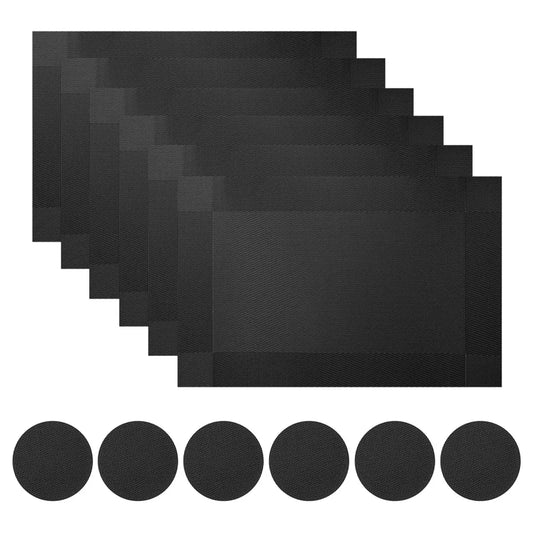 Set of 6 Placemats With Coasters Black Table Mats Crossweave Woven Vinyl Non-Slip Washable for Table Dining Kitchen Restaurant Peaceful Pleasures Health and Wellness