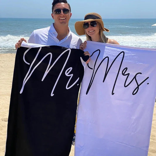 Mr & Mrs Newlywed Beach Towel | Wedding Honeymoon Gift Couples Beach Towel Peaceful Pleasures Health and Wellness