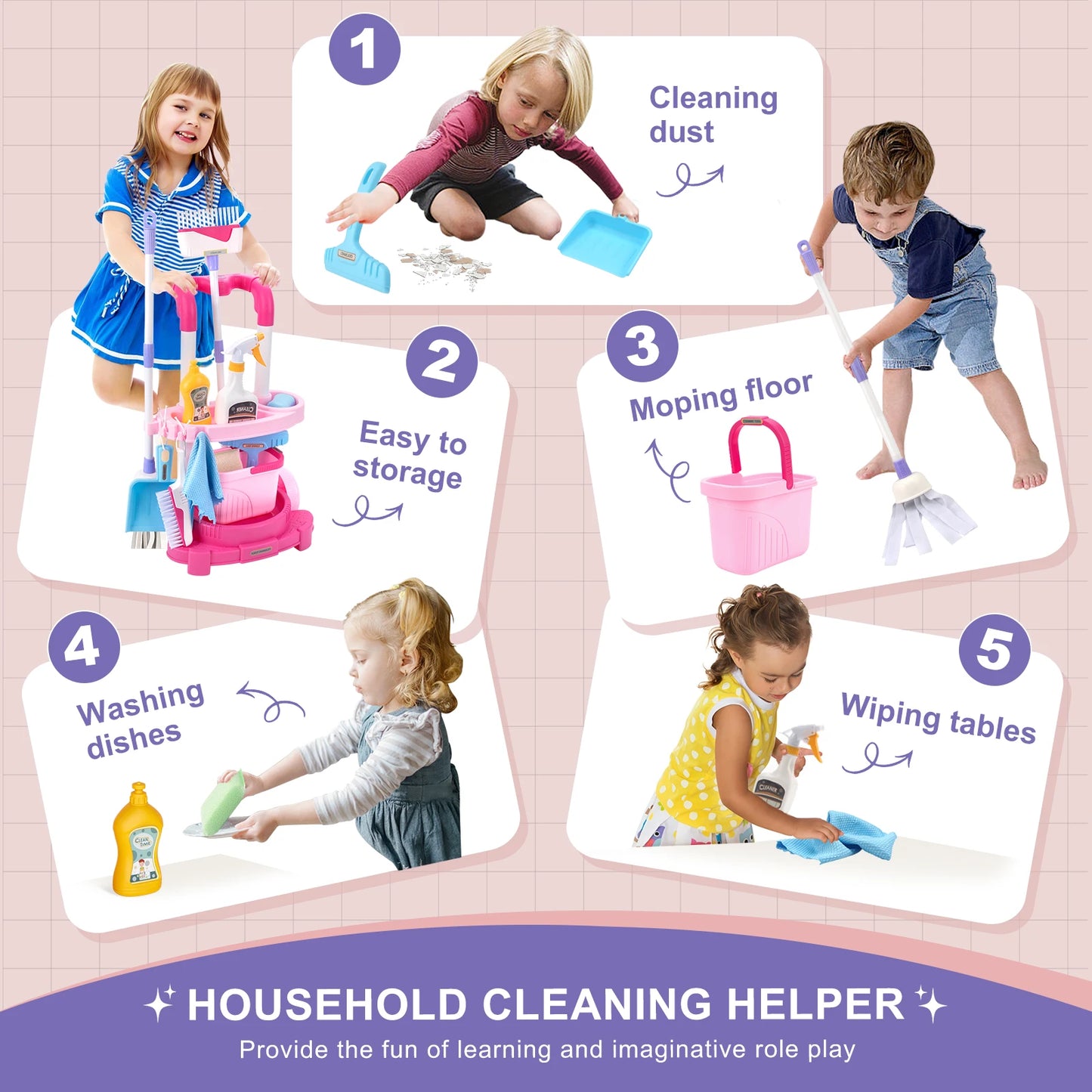 Kids Cleaning Handcart Simulated Life Toys Pretend Play Hygiene House