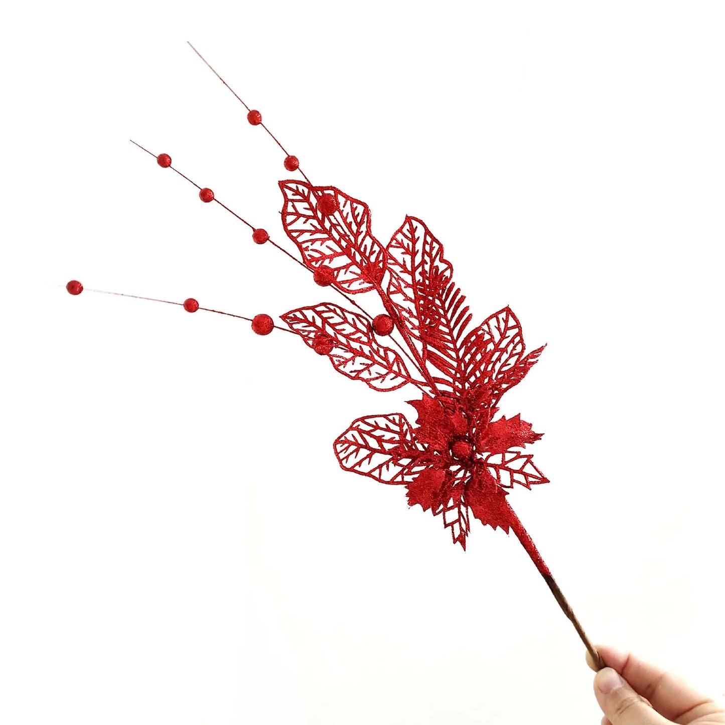 Christmas Tree Decoration Gold Lily Branch Home Decor Xmas Artificial Flower Leaves Berry Plug-In Glitter Fake Berries Branches Peaceful Pleasures Health and Wellness Red One Size