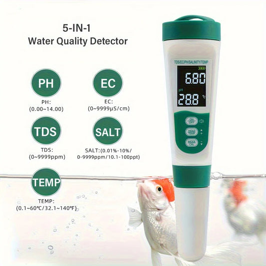 5 in 1 Digital Water Quality Tester for Drinking Water Aquariums Pools, PH Salt Temp TDS & EC 0-9990PPM LCD Meter Water Tester Peaceful Pleasures Health and Wellness