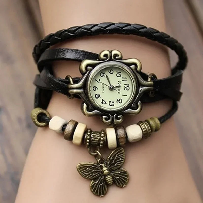 Retro Leather Hand Woven Lady Watch Antique Copper Thin Strap