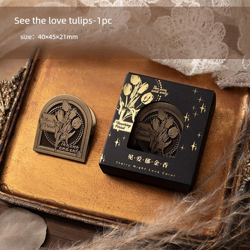 1pc Metal Clip Retro Elegant Hand Account Material Decoration Clip Starry Night Love Song Series Office Document Supplies Peaceful Pleasures Health and Wellness Tulip