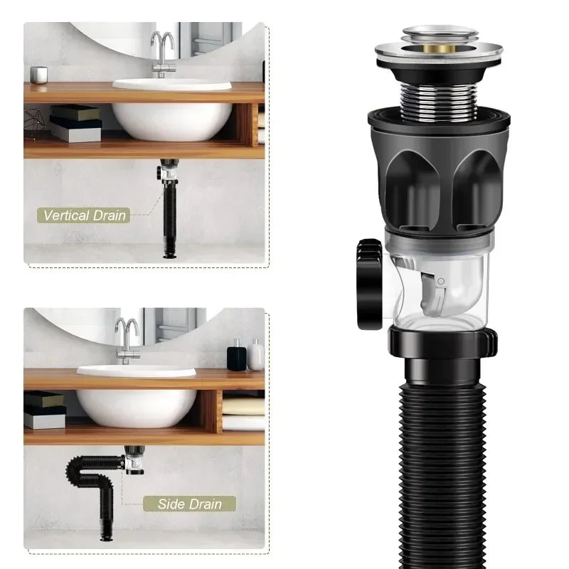 Flip-Top Kitchen Sink Drain with Retractable Deodorizing Filter Flexible Downspout Anti-Clogging Bathroom Sink Accessory Peaceful Pleasures Health and Wellness