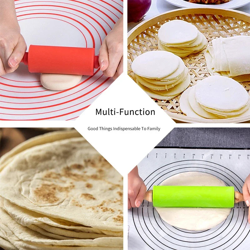 Non-Stick Silicone Rolling Pin Wooden Handle Pastry Dough Flour Roller Kitchen Cooking Baking Tool For Pasta Cookie Dough Peaceful Pleasures Health and Wellness