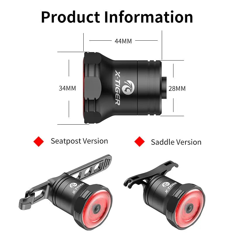 X-TIGER Smart Brake Sensing Bike Tail Light – IPX6 USB-C LED