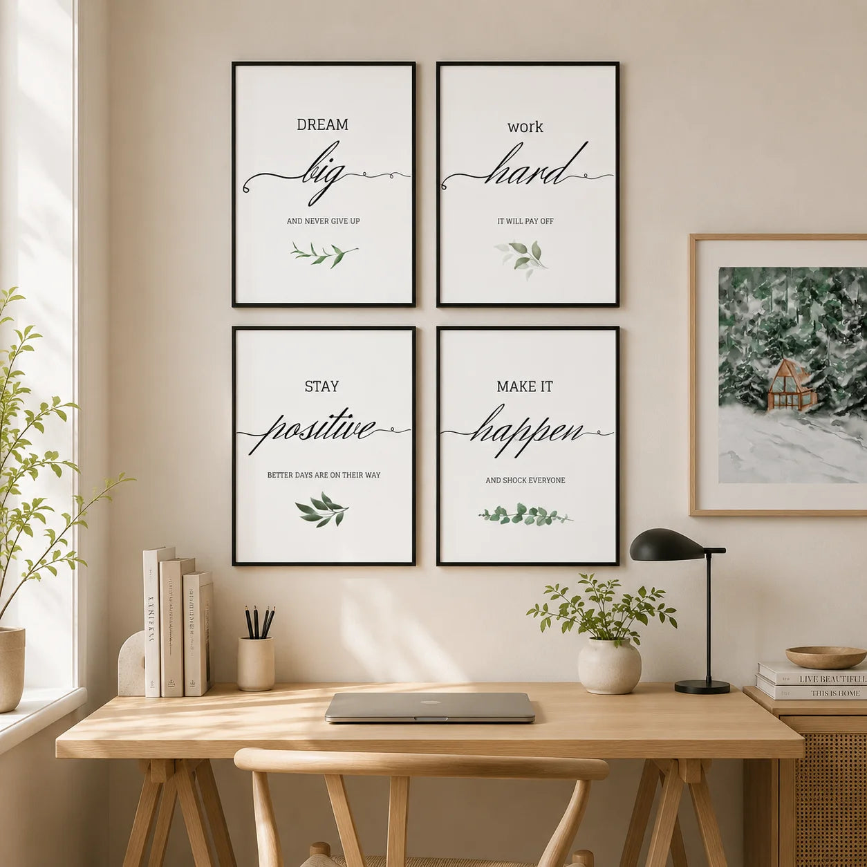 Nordic Wall Art Motivational Typography Snowy Forest Canvas Painting Nordic Style Poster Prints Bedroom Living Room Wall Decor Peaceful Pleasures Health and Wellness