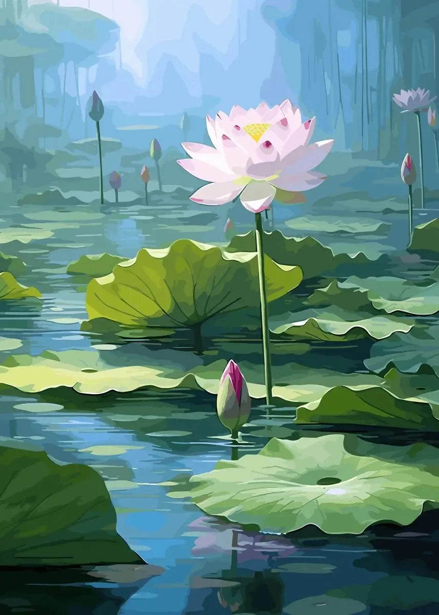 Chinese Lotus Flower Canvas Wall Art Print | Unframed Poster